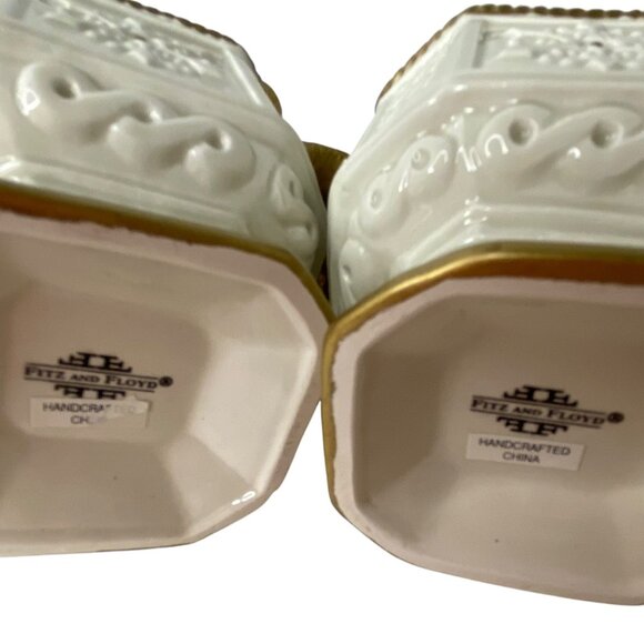 Fitz & Floyd Snowy Woods Vtg Ceramic Creamer & Sugar Set Gold Holiday Christmas - Picture 5 of 9